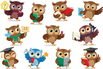 Cartoon owls with books, graduation caps, signs and charts, educational characters, school theme, learning icons, wisdom birds, academic illustration, playful classroom animals