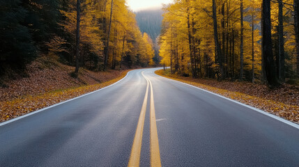 Fototapeta premium Winding road autumn trees golden foliage forest lane empty highway