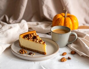 Slice of cheesecake, cup of coffee, pumpkin, nuts, and draping fabric