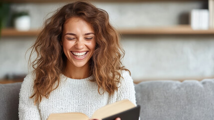 Smiling woman reading book cozy home relaxed expression