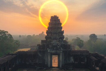 A sun halo appearing over an ancient temple at sunrise