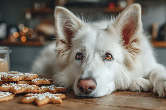 Adorable white dog eyes gingerbread cookies on table in modern room Playful Swiss shepherd and Christmas treats Genuine holiday pet prep