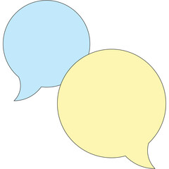 Two overlapping speech bubbles pastel blue and yellow on a white background symbolizing conversation and communication with a dotted outline and transparent background
