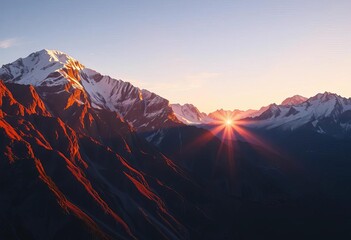 Majestic mountain range at sunset, reflecting golden light on snow-capped peaks, peaceful, exploration