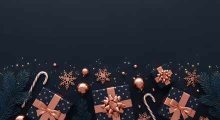 Festive Christmas Gifts and Ornaments on a Dark Background with Twinkling Lights