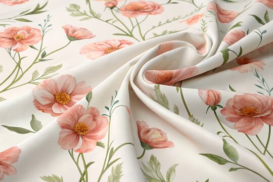 Soft white fabric shows a charming pattern of blooming peach flowers and fresh green leaves. The elegant textile is gracefully folded and draped. - Powered by Adobe