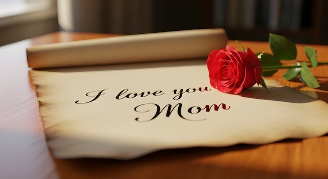 A heartfelt message of love for Mom with a red rose on a scroll.