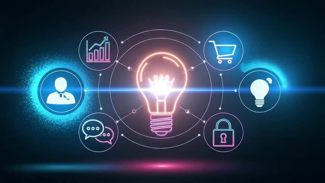 Digital innovation concept with glowing lightbulb and interconnected icons representing business growth, communication, and security