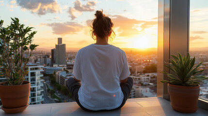 Young woman balcony sunset meditation overlooking city skyline peaceful reflection