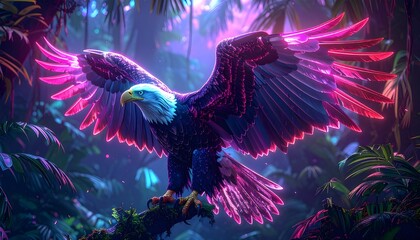 Surreal portrait of a powerful bald eagle with luminous pink and purple wings in a dark, enchanted tropical forest
