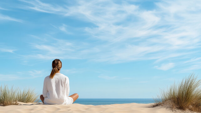 Woman sitting on sand dune facing calm ocean under wide blue sky with peaceful mood