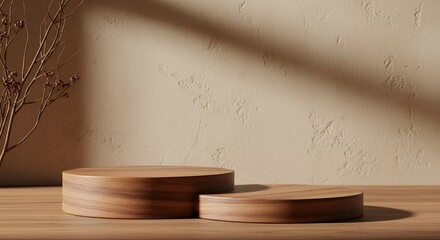 Two Textured Wooden Pedestals Cast Soft Shadows on a Textured Beige Wall Background for Product Display and Presentation