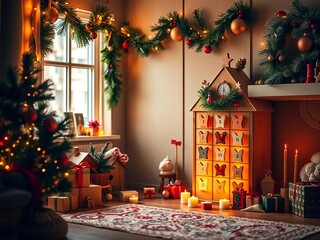 Cozy scene featuring a decorated advent calendar and warm lighting,  surprise,  gift