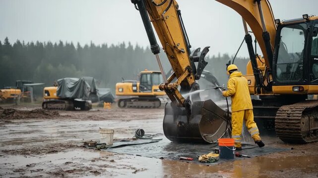 Technician conducting wet weather servicing on an excavator cleaning and lubricating parts to prevent rust and ensure smooth operation amidst rain.