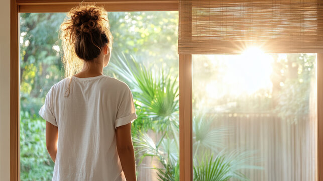 Young woman standing beside glowing window looking outside at sunlit garden