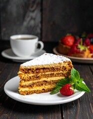 Slice of layered dessert with berries, coffee, and mint on a plate