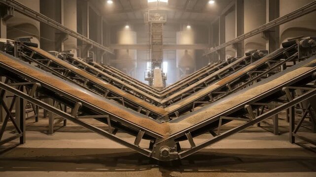 Medium shot of conveyors merging sand from multiple sources illustrating integrated sand distribution systems in an industrial environment