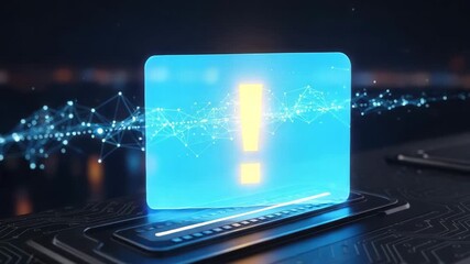 Futuristic digital interface displaying a glowing yellow exclamation mark with abstract network connections - Powered by Adobe