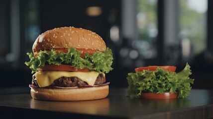 Juicy Cheeseburger with Melted Cheese and Fresh Lettuce and Tomato on a Table tugpdjdjq825zo4lmt9lnq