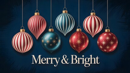 Merry And Bright Christmas Ornaments Hanging Against Dark Blue Background Keywords: merry and bright, christmas, ornaments, holiday, festive