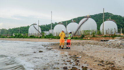 Two engineers, one in a yellow protective suit, test water on a beach. They use a laptop near large industrial gas tanks at a coastal plant facility.