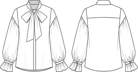 Technical blouse illustration, front and back views, bow tie neckline, voluminous sleeves, ruffled cuffs, fashion design sketch, garment construction, apparel flat drawing