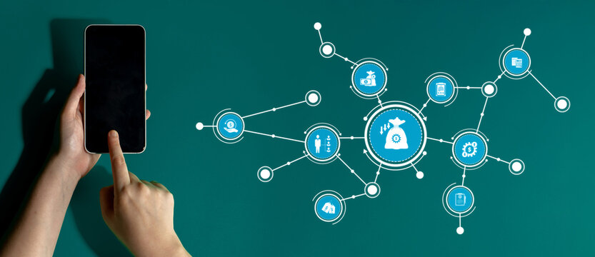 A person uses a smartphone to access financial management applications, illustrated with icons depicting various services, set against a teal backdrop. Tessel