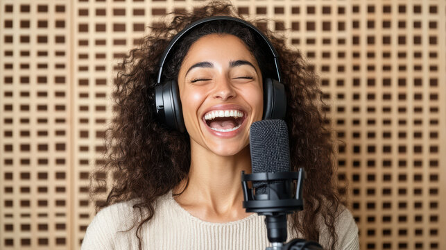 Joyful singer wearing headphones recording in studio with microphone