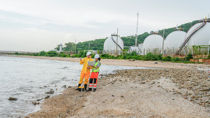 Environmental scientists in PPE conduct water testing near an LNG terminal. They use a portable analyzer and laptop to monitor pollution levels at the coastal refinery.