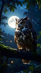Majestic Owl Perched on Branch Under Moonlight in a Forest