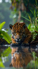 Sleek Jaguar Crouched Near River with Water Reflection in Jungle