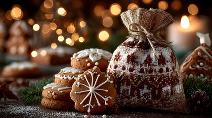 Gingerbread cookies in a bag on a background of Christmas decorations