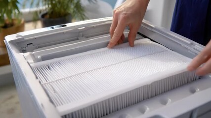 Midrange view of hands changing a vacuum filter to maintain optimal allergen control and improve indoor air quality.