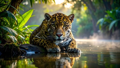 A majestic sleek jaguar with a powerful gaze crouched by a calm, misty jungle river, its reflection visible in the tranquil water at sunrise