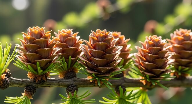 A row of small brown larch cones on a sunlit branch with fresh green needles.