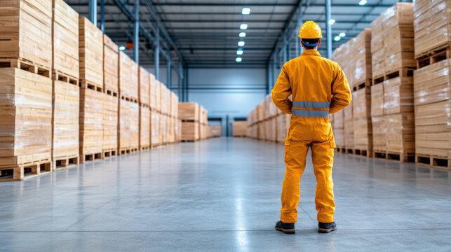 Warehouse worker in high visibility coverall inspecting stacked wooden crates with safety helmet