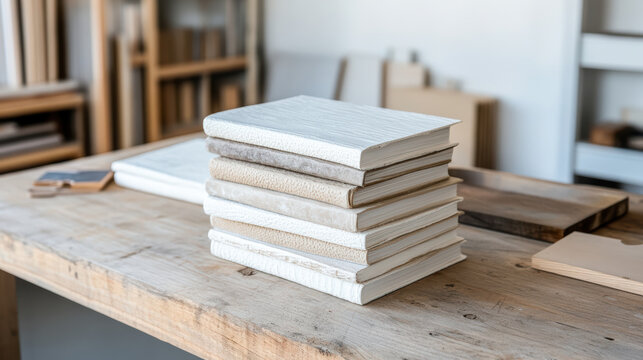 Handmade textured journals stacked on wooden workbench, warm natural light