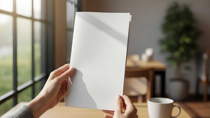 Female hands holding blank white menu in cozy cafe with natural light, ideal mockup for restaurant branding, flyer, or menu design presentation.