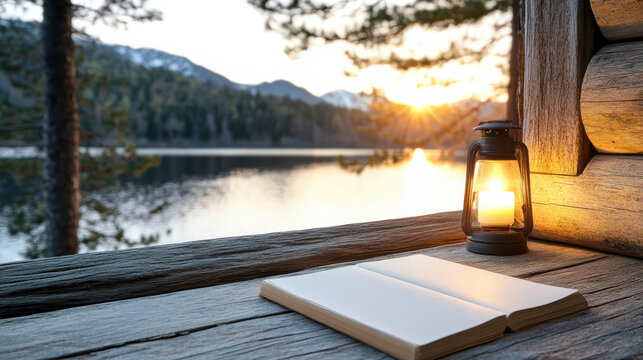 Open notebook candle lantern lake cabin sunrise mountains pine tree wooden porch