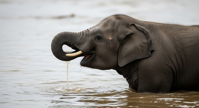 An elephant drinks water from a river with its trunk.