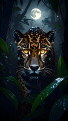 Majestic Jaguar with Glowing Eyes in a Mystical Moonlit Jungle Surrounded by Lush Foliage