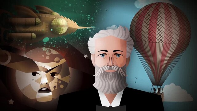great retro vintage science fiction writer with air balloon, submarine and rocket to the moon
