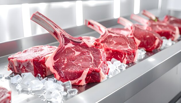 Premium cuts of raw beef steaks with bone in displayed on ice in a butcher shop or restaurant