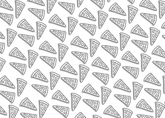 Seamless pattern featuring hand-drawn doodle slices of pizza in black and white. Simple and fun line art design, perfect for backgrounds, wallpapers, food packaging, or culinary-themed projects.
