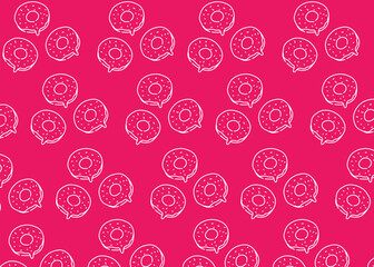 Seamless pattern with hand-drawn donuts in doodle line art style, pink and white design. Great for backgrounds, bakery packaging, fabric design, or sweet dessert projects.