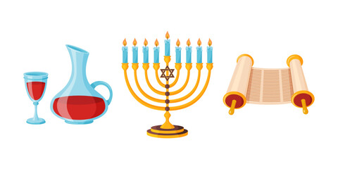 Set of Jewish holiday elements golden menorah with candles, Torah scroll, carafe and glass of red wine. Festive flat vector design perfect for greeting cards, invitations, and educational materials