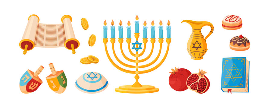 Hanukkah icons big set. menorah, dreidels, gelt coins, Torah scroll, yarmulke, sufganiyot, pomegranates, holy book. Colorful flat vector design perfect for banners, education, and holiday flyers