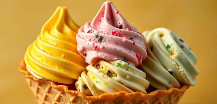 Three scoops of assorted ice cream in a waffle cone,  waffle cone,  three