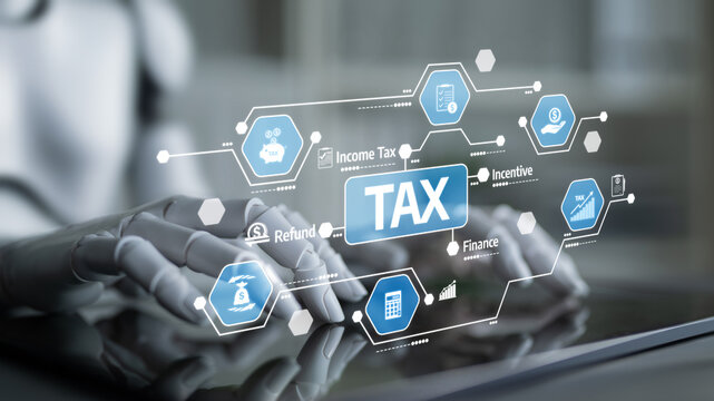 A futuristic digital interface displaying tax concepts with robotic hands, emphasizing innovation in financial technology and modern accounting practices. Tessel