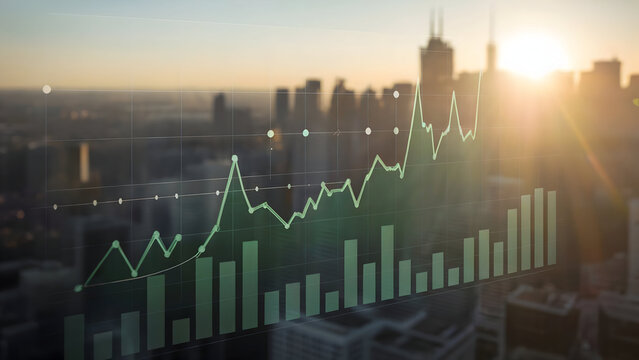 Digital financial growth chart overlaying a modern metropolitan cityscape during a bright golden hour sunset. - Powered by Adobe